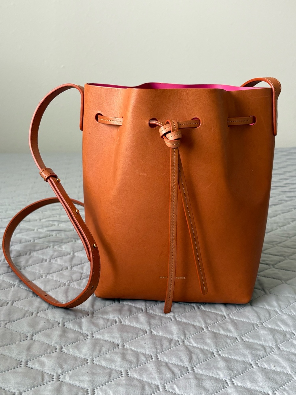Mansur Gavriel Natural Cammello Leather Mini Bucket Bag with Dolly Pink Interior